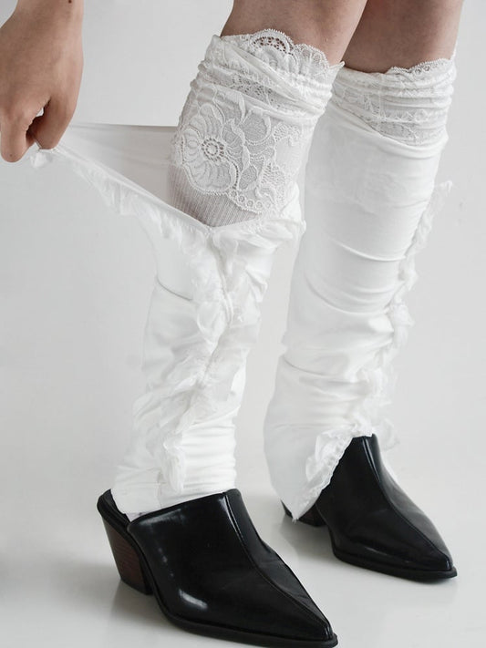 White Lace Cuffed Footed Leg Warmers + White Split Ruffle Leg Warmers Set