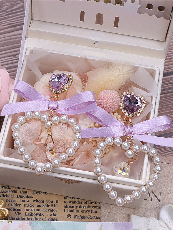Kei Earrings Heart 7 Options Rhinestone Color Jirai Bowknot