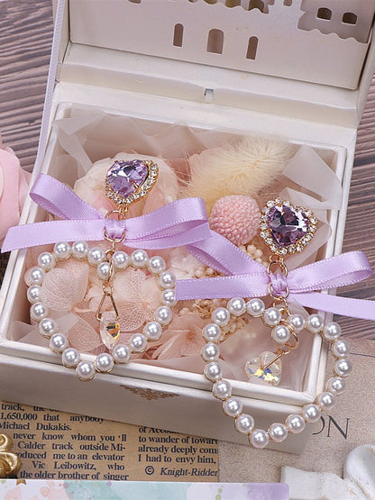 Kei Earrings Heart 7 Options Rhinestone Color Jirai Bowknot