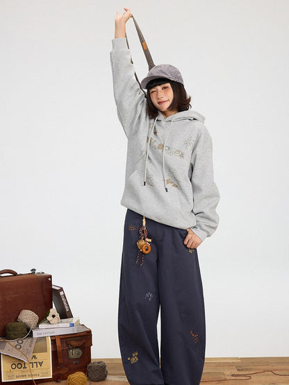 Pouch Vintage Cute Pullover Pocket Hoodie Hood Front Drawstring Print Gray -