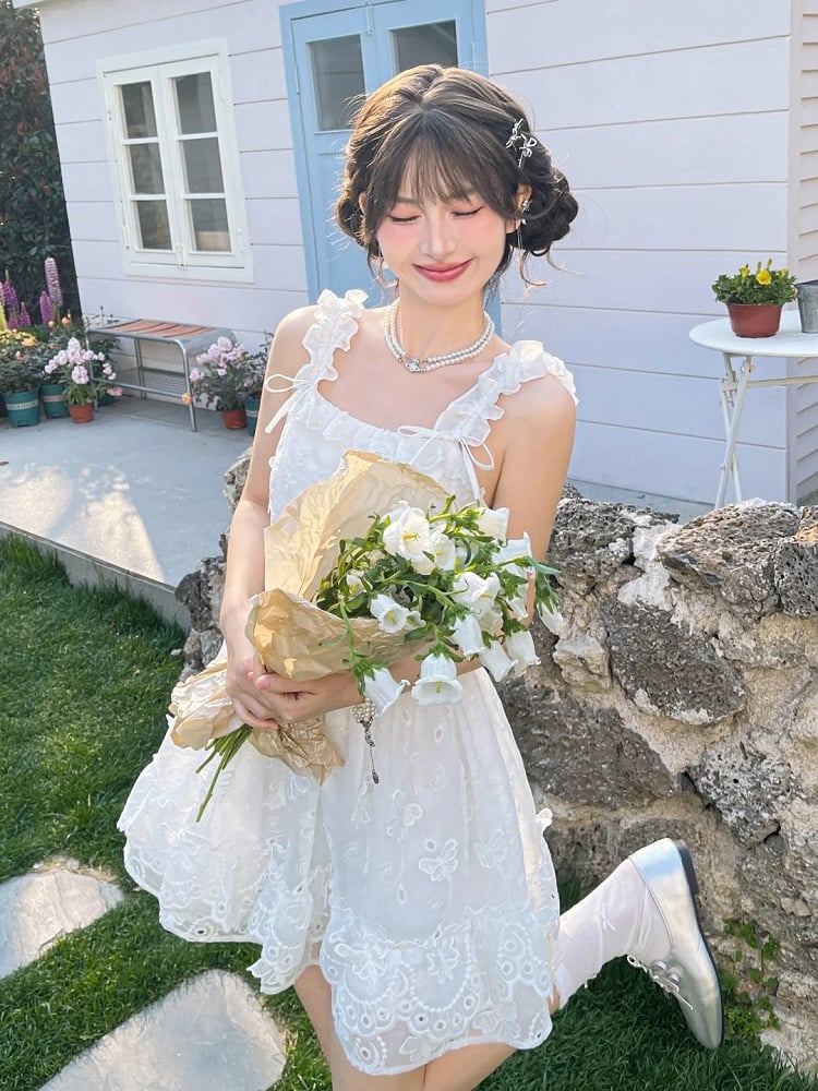 Sleeveless Dress Embellished Sweet White Ruffled Square Neckline Butterfly