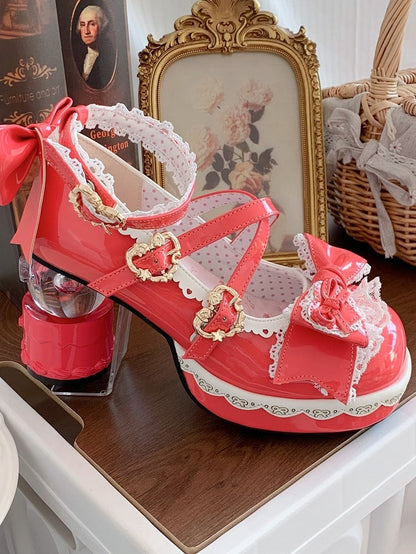 Lace-edged Platforms Transparent Ball-shaped Rose Heels Bow Pink PU - Lolita