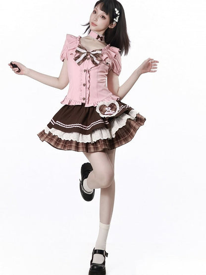 Sweet Kawaii Pink Puff Sleeve Waist-Cinching Blouse with Ruffles, Bow, and Choker Set - PINK SAVIOR