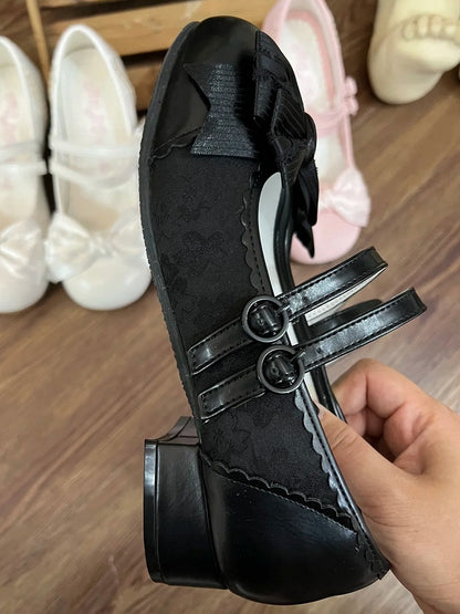Top Low-heel Elegant Bow and Lolita Black at Two Mary Janes Closure Buckle Delicate in