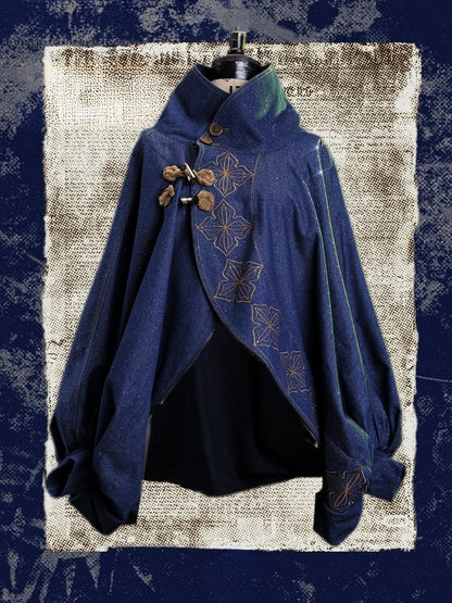Blue Vintage Batwing Sleeve Outerwear with Chinoiserie Floral Embroidery - sijinstudio