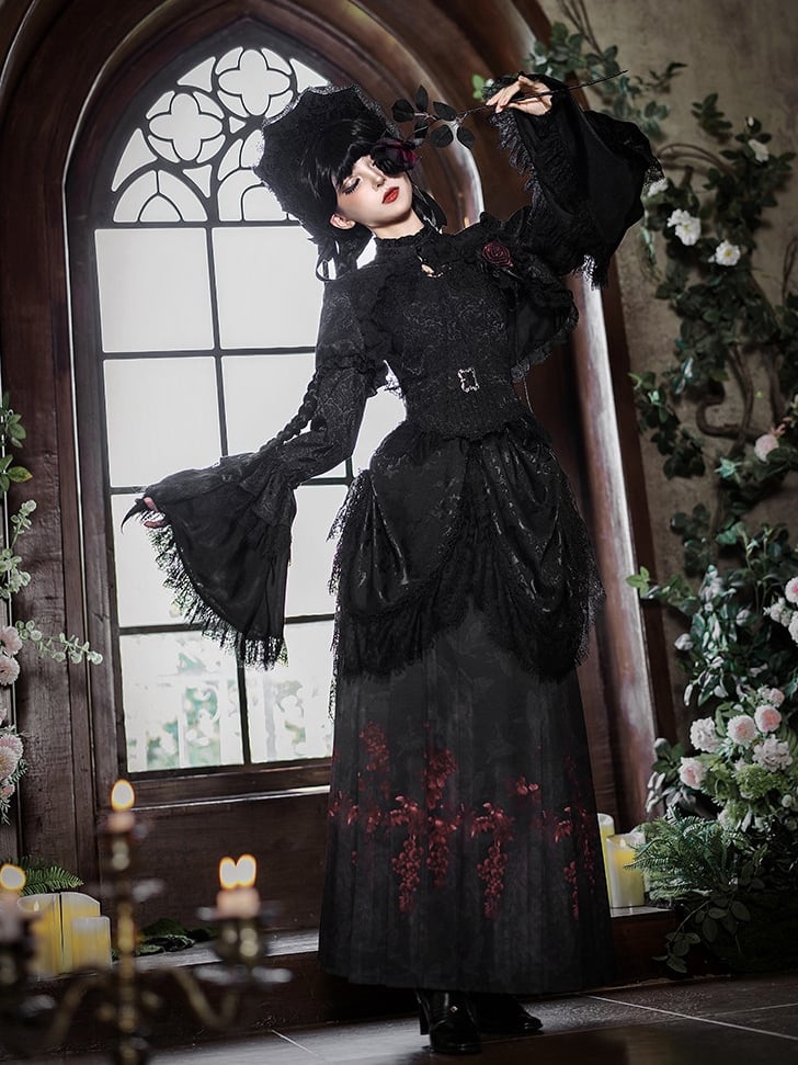 Black Gothic Butterfly Corset Set | Corset Top + Horse-face Skirt + Bolero + Waist Drapery + Brooch | With PUJI