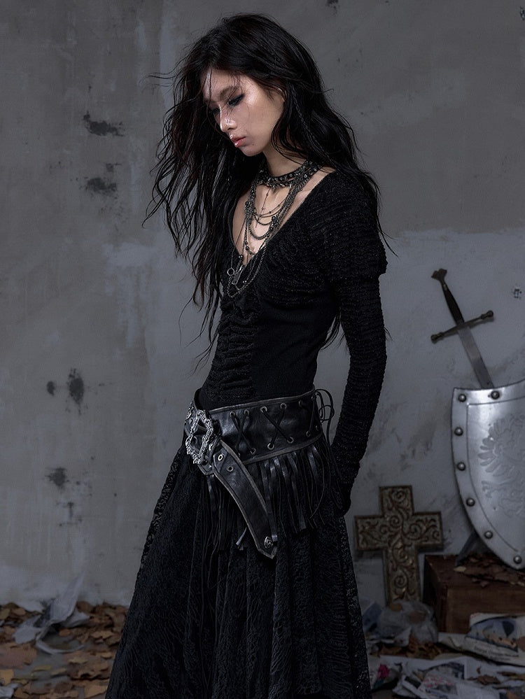 Black Dress Sleeve Knit with Waist Punk Hem Tiered Handkerchief Juliette Studded