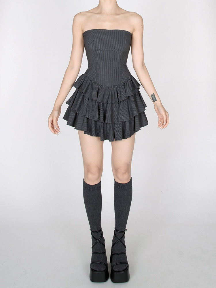 Dark Gray Striped Tiered Ruffles Mini Skirt Strapless Dress