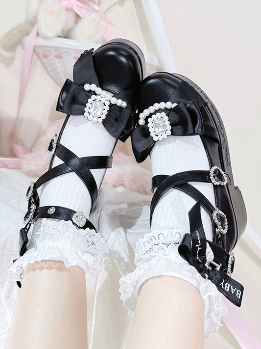 リボンとビーズのラインストーンブロックケイハイジライトップヒールプラットフォームマットデコレーションブラック