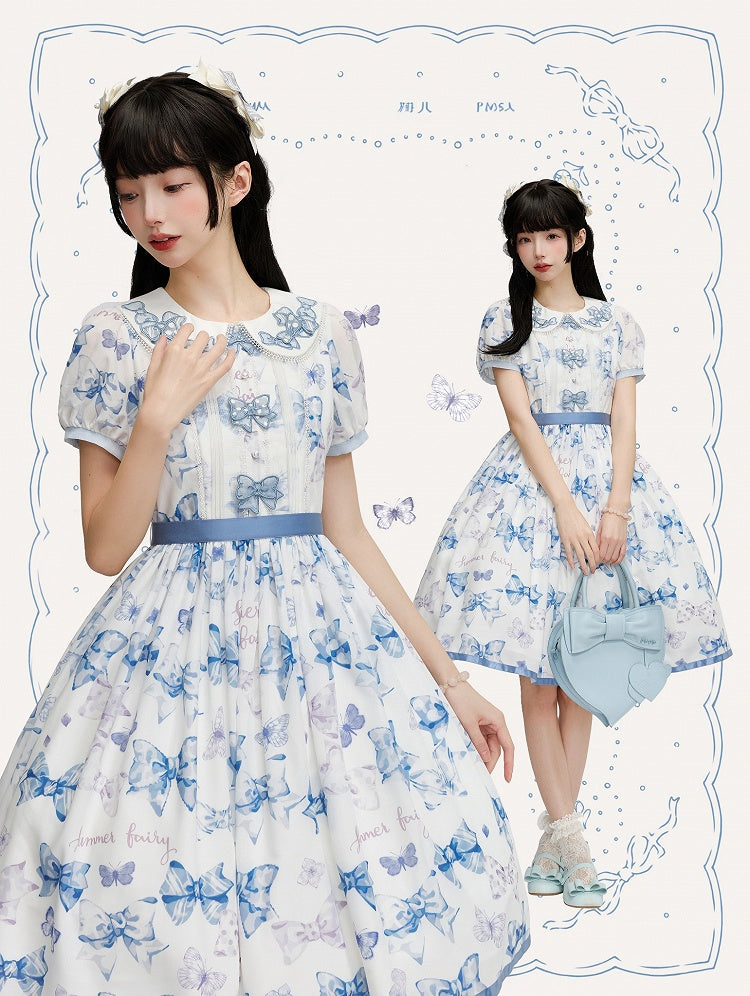 Blue Bowknot Peter Pan Collar Lolita Dress Bows and Butterfly One Piece