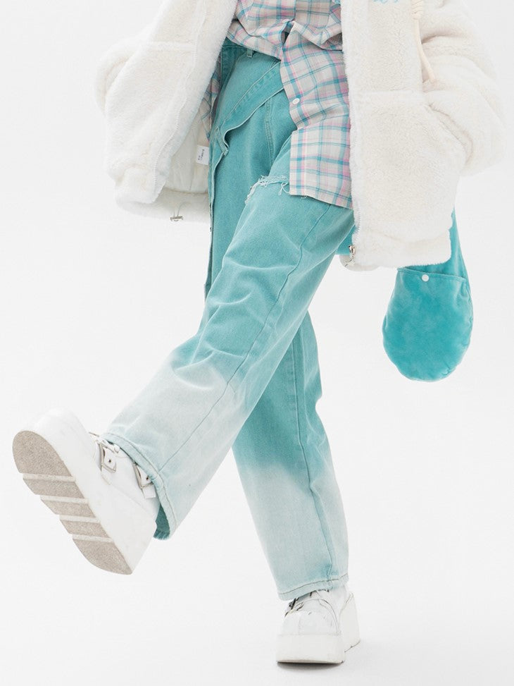 Lake – Asymmetrische, blaue Hose mit Löchern im Used-Look