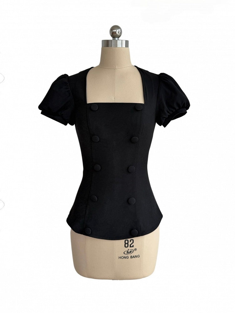Black Square Neck Puff Sleeve Top with Double Breasted Detail - Damn Girl