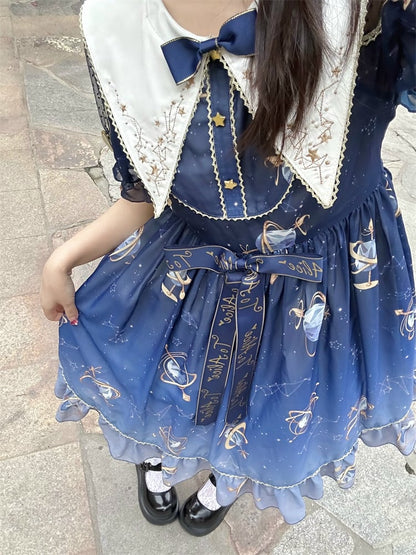 Navy Blue Celestial Globe & Starry Bow Accents Flounce Hem Lolita Dress