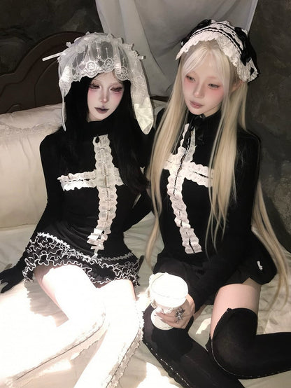 Gothic Sleeves Black Top with Long Options Motif Regular/Thinner High Cross Neck - Decorative