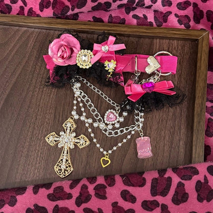 Black Garter Rose Pink Lace -