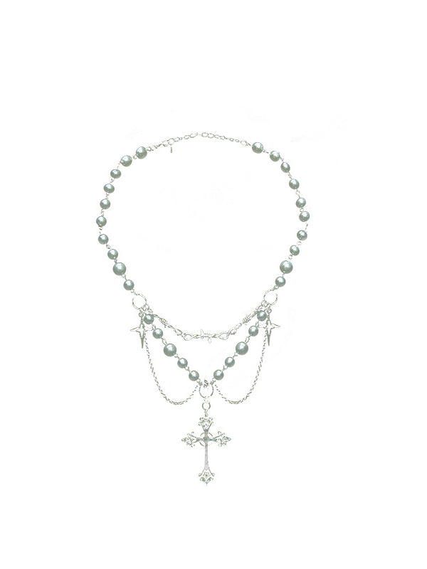 Necklace Pendant Silver Beaded Cross Gothic