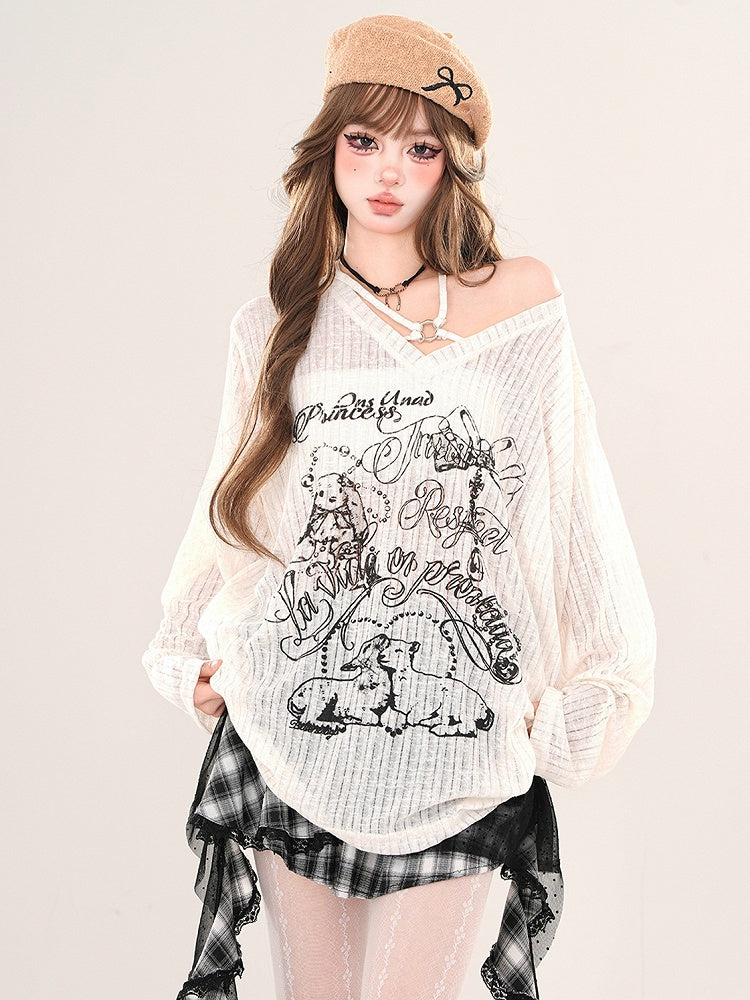 Locker sitzendes Neckholder-Stricktop mit Animalprint in Weiß/Schwarz