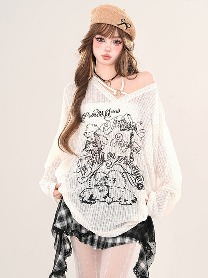 Locker sitzendes Neckholder-Stricktop mit Animalprint in Weiß/Schwarz