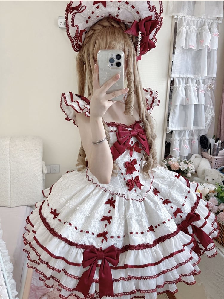 Rüschen Akzente Rock Weiß Schleife Pullover Tiered Prinzessin Rot Lolita