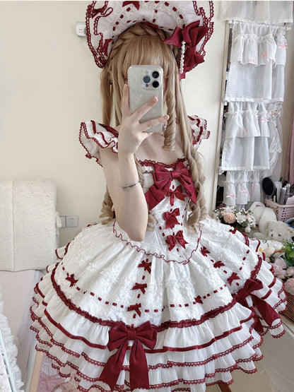 フリルアクセントスカート ホワイトリボンジャンパー ティアード プリンセス レッド ロリータ