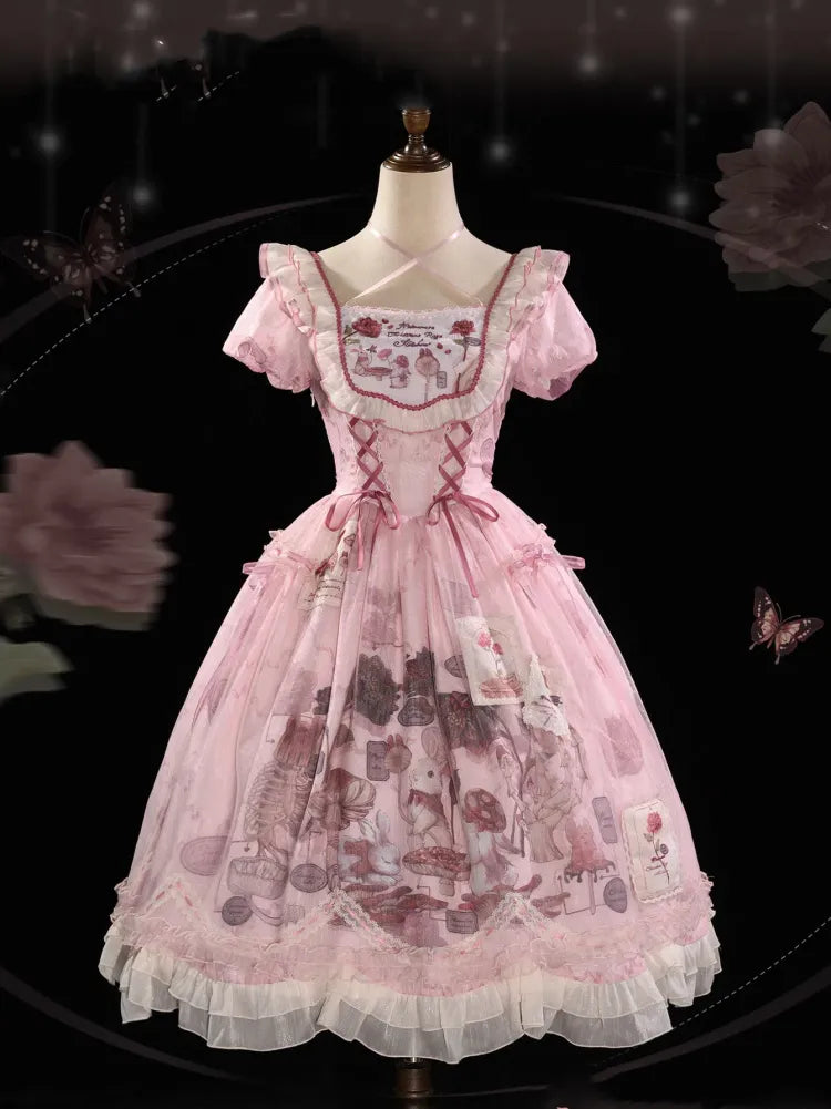 Taille gewellt rosa Trim Bunny Edge Prinzessin Kleid Rock Lolita Print Rüschen Baskisch