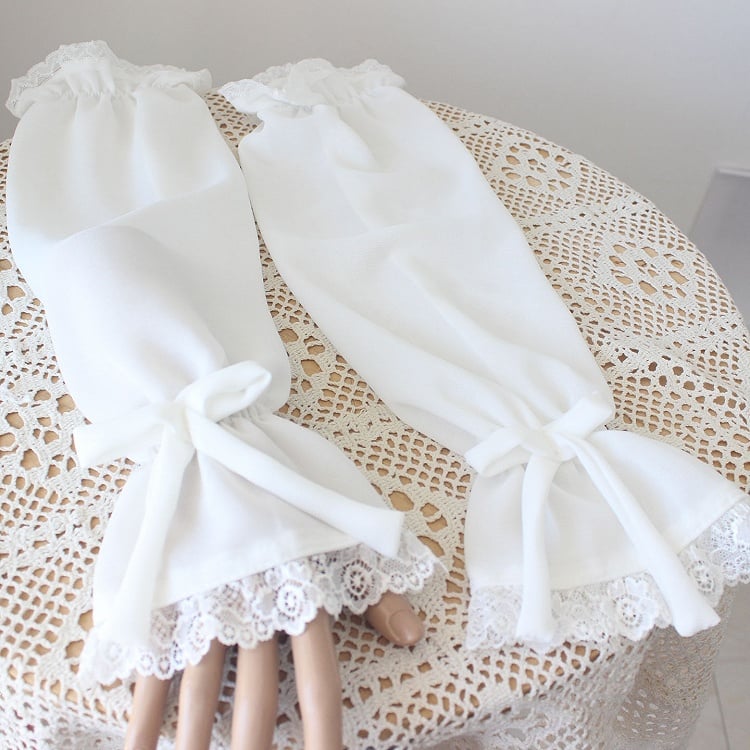 Lace Sleeves Trim Details White Bowknot