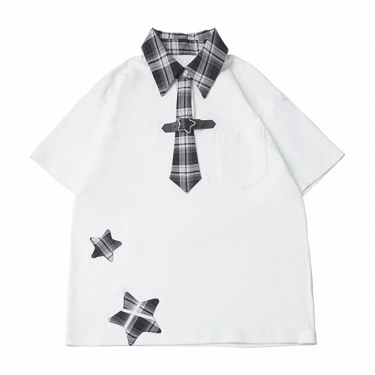 Preppy Plaid Star Patch Top with Tie Details - PINK SAVIOR
