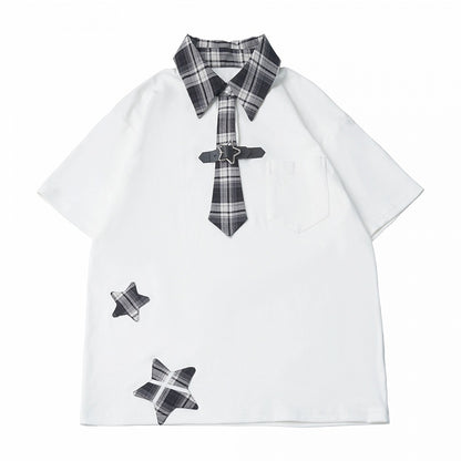 Preppy Plaid Star Patch Top with Tie Details - PINK SAVIOR