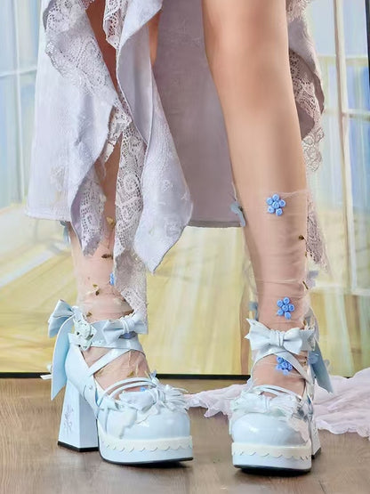 Heart Platform Block Accents Heels with - Sky Height 8cm Heel Lolita Blue Snap Sweet Decorative Striped High Bow