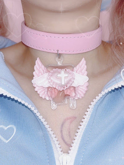 Blau/Rosa Jirai Kei Engelsflügel mit Kreuz-Halsband
