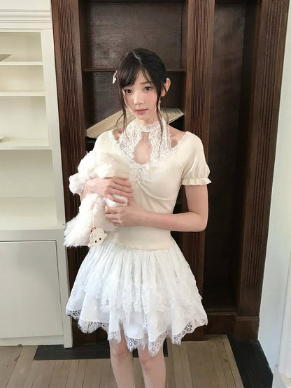 Short Sleeve Apricot Top Knit Seiso-Kei Lace Halter