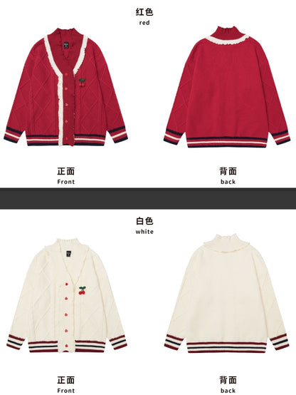 Cherry Adorned White V-neck Christmas Cardigan