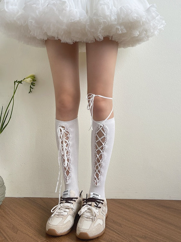 Black/White Straps Self-tie Calf Hollow-Out Socks