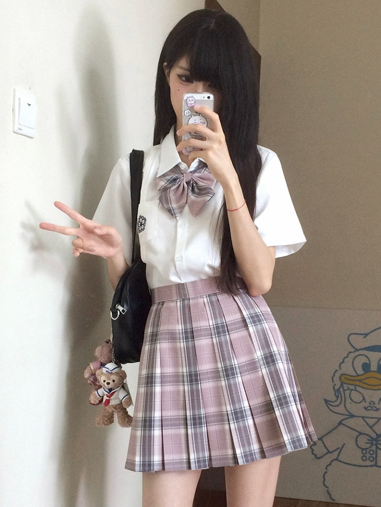 White Style Floral Uniform Shirt Short JK Pleating Details Embroidery Sleeves Preppy