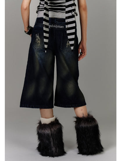 Buckle Distressed Jeans Blue Print Faded Wash Glamorous Belt with Cross