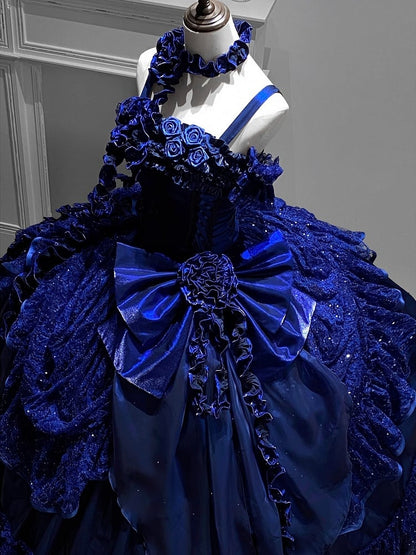 Sternennacht Dunkelblau Hanayome Rosen Ausschnitt Stäbchen Mieder Bodenlanges Lolita Goth Kleid Ballkleid