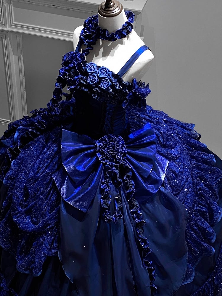 Taille dunkles Hanayome-Kleid M 85–95 cm bodenblau Goth Länge Nacht Ausverkaufsgröße Kleid Ball entbeint Lolita Büste für Sternenhimmel