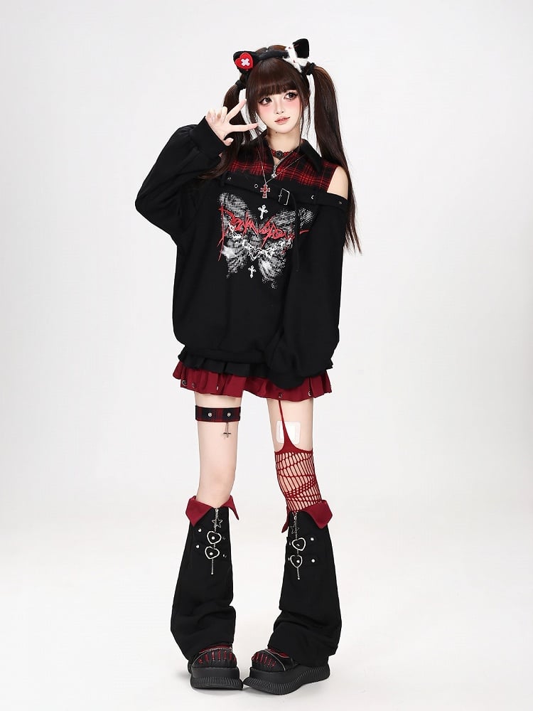 Hot Girl Style Cold Shoulder Sweatshirt with Pixel Butterfly Print in Red and Black Plaid Faux Two-Piece - CRAZY GIRL