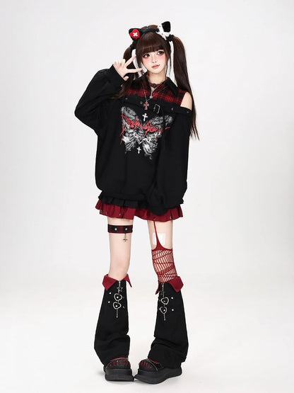 Hot Girl Style Cold Shoulder Sweatshirt with Pixel Butterfly Print in Red and Black Plaid Faux Two-Piece - CRAZY GIRL