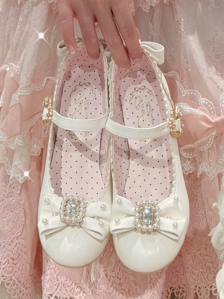 ラウンドロリータラインストーンメリートゥ装飾ディテールホワイト＆ビーズボウノットジェーンズシューズ