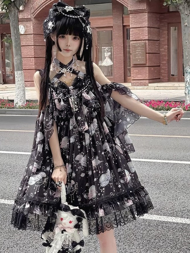 Black Marine Print Halter Neck High Waist Sweet Lolita Jumper Skirt - Meng Fu Zi