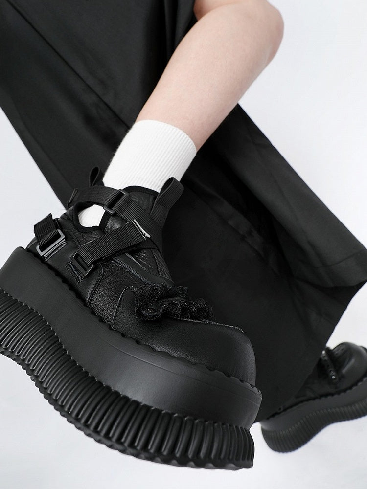 Shoes Stud Black Crisscross - Lace Platform Straps with Rock Details Punk Velcro Trim