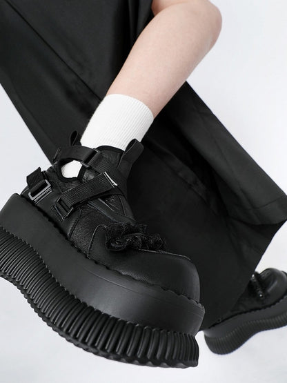 Shoes Stud Black Crisscross - Lace Platform Straps with Rock Details Punk Velcro Trim