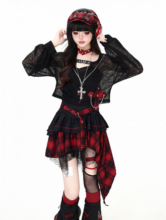 Red Black Plaid Cropped Top with Cross Chain Detail - CRAZY GIRL