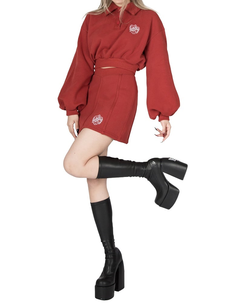 Vintage Preppy Red Polo Collar Crop Sweatshirt with Embroidered Badge / High Waist Skirt