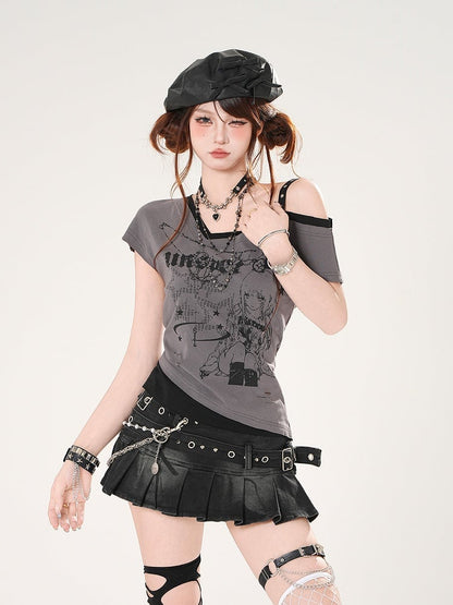 T-shirt Asymmetrical Neckline Slim-fitting Anime Girl Print Gray/White