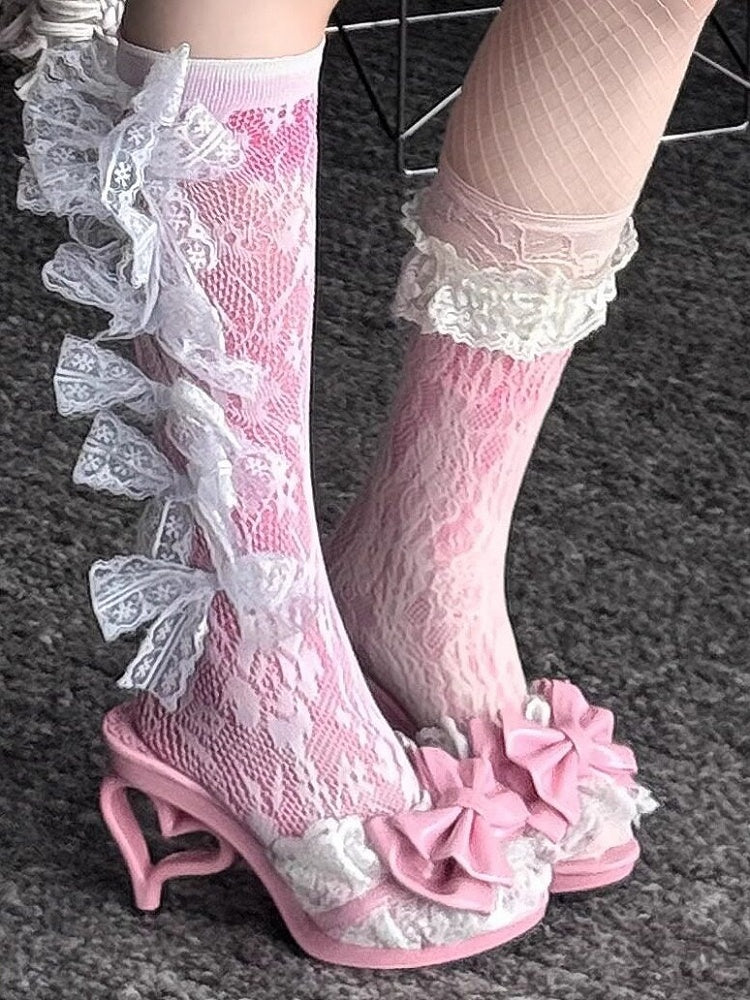 Pink Heart Shaped Heel Shoes with Bowknot Lace Details - LilGyaru