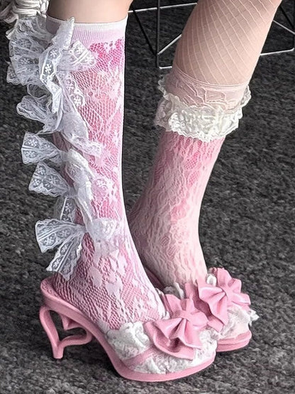 Pink Heart Shaped Heel Shoes with Bowknot Lace Details - LilGyaru