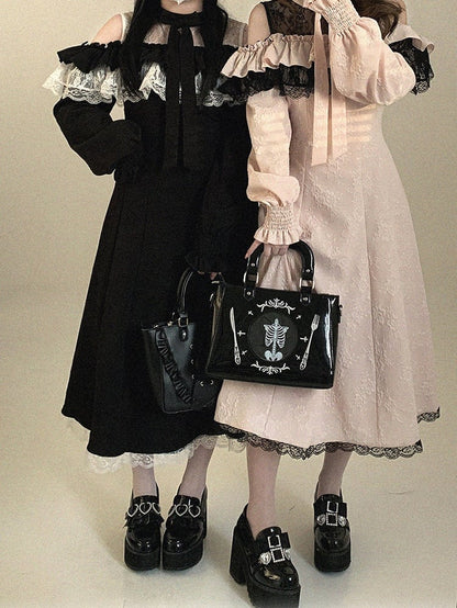 Jacquard Dress Rose Lace Black with Long-Sleeve Cutout and White Bow Jirai Shoulder Ruffled Kei