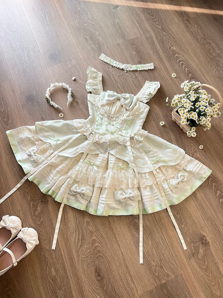 Beads Flutter Sleeves Balletcore Sweet Lolita Jumper Mint Bowknots Skirt and Green Decoration
